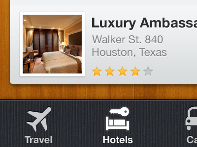 Travel app app application car hotel hotels interface ios iphone list mobile photo rating rent retina stars travel ui ux