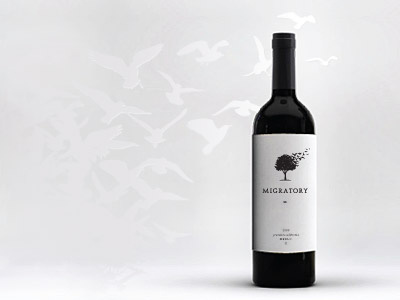 Migratory wine concept bird bottle design fly grape illustration label leaf logo mark migratory package packaging sticker tree unused vine wine wine label wood