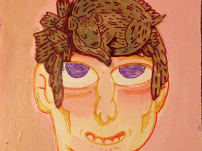 Boy With Tiny Dog on Head dog illustration painting