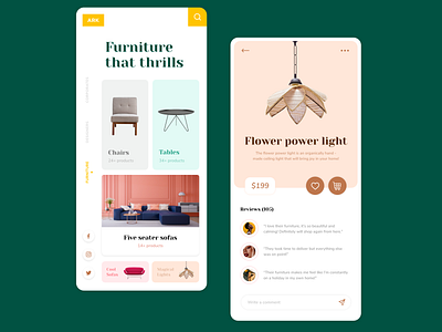 Furniture mobile application - ARK app app design chair design furniture furniture app green lamp minimal mobile mobile ui modern sofa typography ui uidesign uiux ux vector vintage