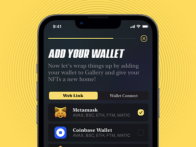 Add Your Wallet app blockchain crypto darkmode design ios iphone mobile nft setup ui wizard