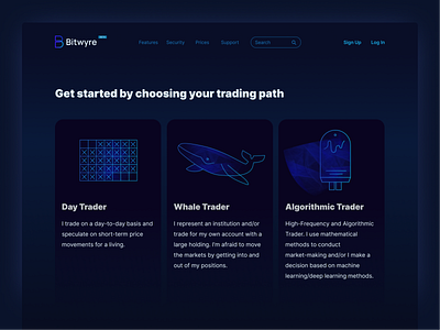 Bitwyre trading path bitwyre blockchain brand illustration cards ui cryptocurrency cryptocurrency app cryptocurrency exchange dark ui freelance designer illustration landing page options persona trading ui web
