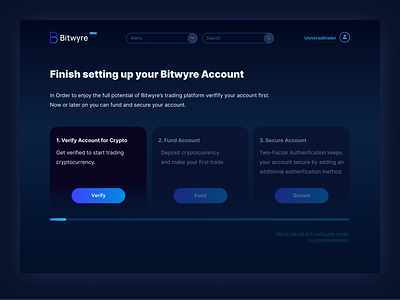 Bitwyre account set-up account account settings bitwyre blockchain cryptocurrency cryptocurrency app cryptocurrency exchange dark ui desktop freelance designer gradient button mobile problem solving process progress bar setup steps trading ui web