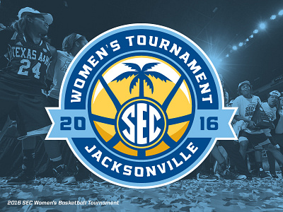 SEC Women's Basketball Tournament badge banner basketball blue palm tree sec women