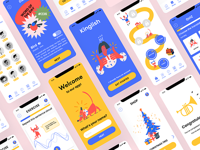 English Learning App Design for Children app app ui banners blue children app colourful congratulations glossary illustration kids kids app learning path path points quiz quiz app teaching app ui vocabulary welcome screen