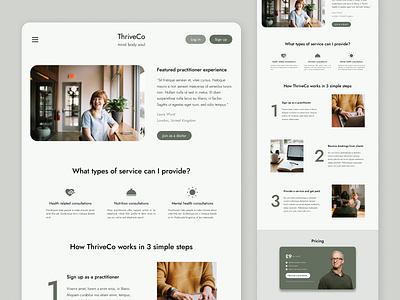 Wellness Practitioner Discovery Platform banner buttons calm hero icons list modern natural olive pastel pricing services steps ui design web design website ui wellness