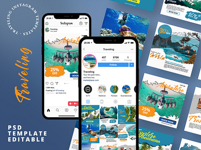 20 Travelling Instagram Pack Banner blue business clean corporate creative instagram template layout light marketing portfolio promotions socialmedia texture travel travelling