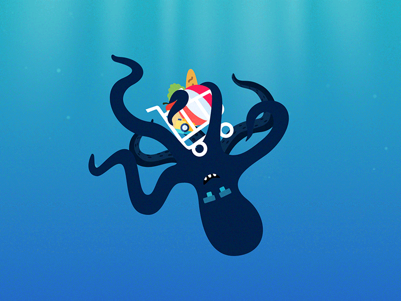 Abandoned cart octopus animation abandoned cart animation animation 2d animations bubbles cart cartbounty character gif illustration ocean octopus sea shopping cart underwater