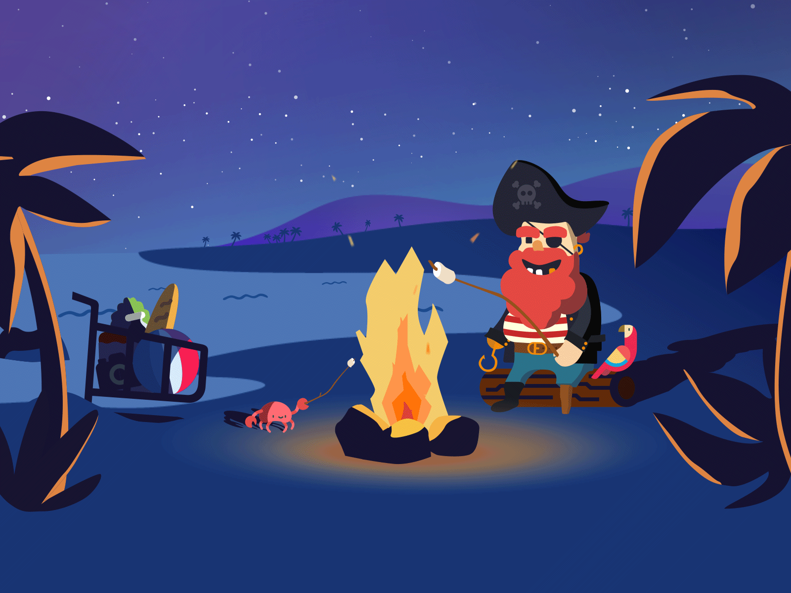 A pirate with his buddy crabby by the fireplace 2d animation 2d character abandoned cart animation character evening fireplace gif ocean palms romance shopping cart stars summer tropical