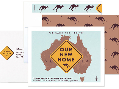 Hop to a New Home I Kangaroo address announcement australia card home kangaroo map minted moving road sign stationery