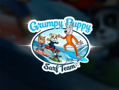 Grumpy Puppy Surf Cartoon Logo by Avoltha cartoon cartoon character cartoon illustration cartoonlogo customlogo design dog doggie dogs illustration mascot character mascotlogo surf surfing