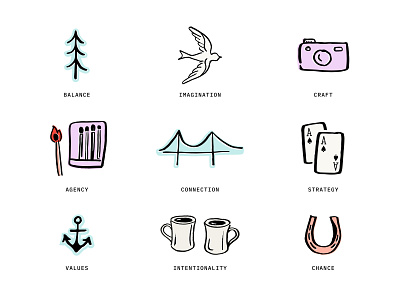 Values Set anchor branding bridge camera coffee cups design hand drawn icon icon set matches pine shapes swallow value value set values vector
