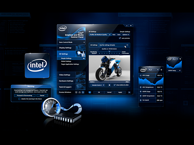 Intel Graphics and Media Control Panel UI blue glossy intel interface the skins factory ui ux white
