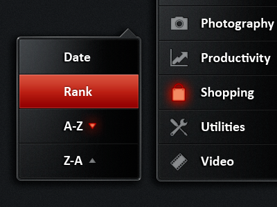 Dropdown & Flyout Menus - Red Edition black design exopc gui icon menu red the skins factory touchscreen ui user interface user interface design