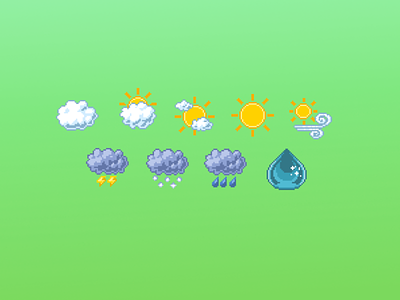 Weather Icons 2.0 - Pixel Art bright colors clouds cloudy colorful cute art cute icons design designer icons pixel art pixel artist pixelart pixels sprites sunny weather weather forecast weather icons