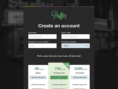 Create an account at Puffer box dark flat form plan pricing table