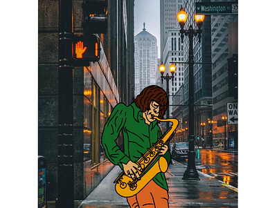 Klemmer on sax. chicago cubs comic design hiphop illustration jazz procreate simple street scene streetart