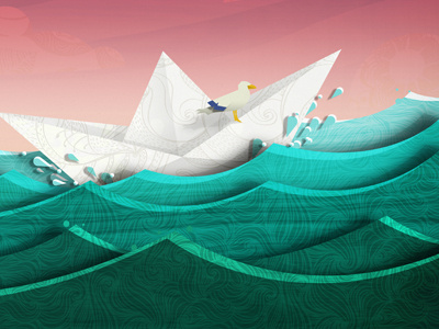 Paper Boat & Seagull boat illustration light paper sea seagull shadow sky texture water