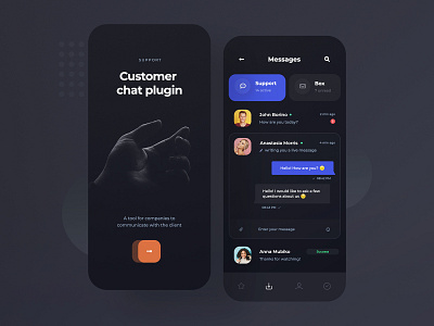 Customer Chat Plugin - App (dark & light) app chat chatbox concept dark dark ui design illustration light minimalist mobile ui ux