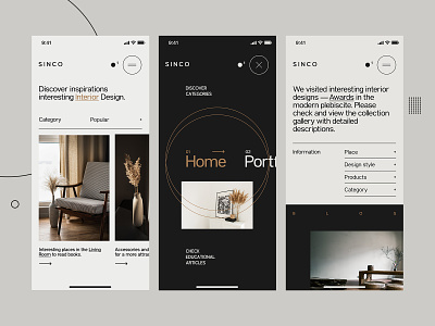 Sinco - Mobile website for Interior Design app appdesign carousel concept design furniture grotesk font interior menu minimalist mobile modern navigation ui ux web design website
