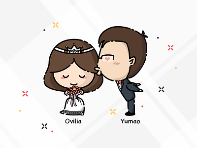 Ovilia & Yumao's Wedding Cartoon Characters bride bridegroom kiss wedding