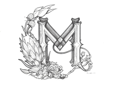 Meadow Menagerie Bridal Florist Logo banksia by hand carving detail flora ink plants