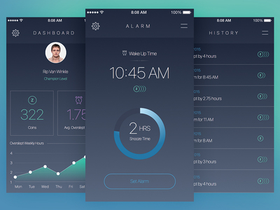 Sleep In, Go Ahead, Do It charts clean dark ui dashboard graphs history iphone mobile profile sleep stats