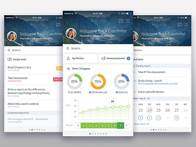 WGU Mobile - Conceptual Design android calendar chart dashboard education graph ios mobile schedule student to dos