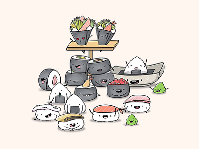 Sushi Party concept art digital art doodle doodle art kawaii kawaii art procreate sushi sushi art sushi doodle sushi drawing wasabi