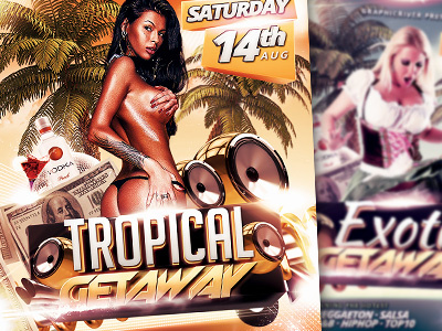 Tropical / Exotic Getaway Flyer beauty colorful diamonds disco dj drinks engine entertainment exhaust pipes exotic girl hot latin modern money music nightclub palm trees party professional psd flyer template sensual sexy speakers summer tropical venue vibrant vodka wild