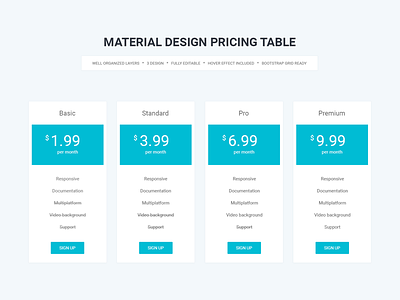 Material Design Pricing Table buttons hosting itsekhtiar material material design premium price pricing table psd shadow table