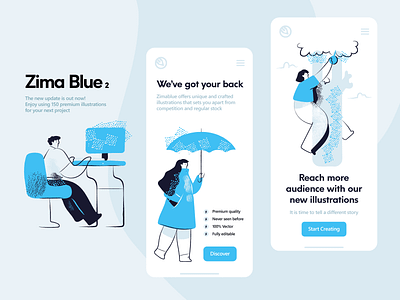 Zima blue illustrations ver 2 app ui blue character empty state illustration landing page person reach security update vector website illustrations woman womans work