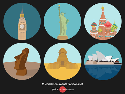World Monuments Flat Icons Set 
