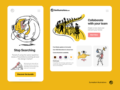 Surrealism illustrations application collaboration coworking download illustrations landing page library outline search success surrealism svg team ui design visual