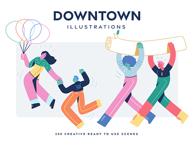 Downtown illustrations branding colorful design figma flat getillustrations happy illustration svg team ui ux vector web
