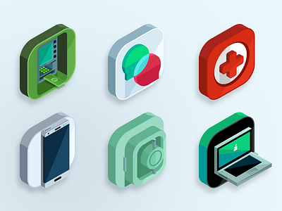 Isometric Icons Map Pins atm chat colour icon icons isometric labels map medical mobile pins safe