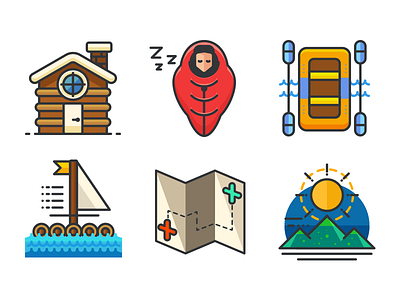 Camping Filled Line Icons camping cottage filled flat icon set icons line map pack raft sea sun rise