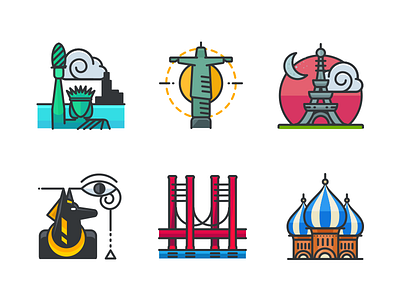 World Monuments Filled Outline Icons colour filled flat icon icon set icons line monuments outline travel world