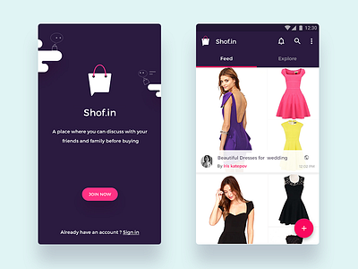 Home Screen and feed page for shof.in android app branding e commerce illustration logo material shopping ui uidesign ux uxdesign