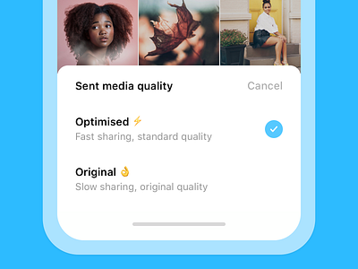 Media Quality preference android app bottom sheet chat design file transfer hikeapp image manipulation ios app media media quality optimization quality selection simple ui unsplash user experience user interface ux