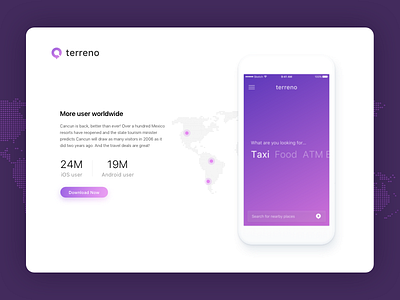 Terreno Landing page atm driver gradient ios landing page map profile reviews search taxi ui ux