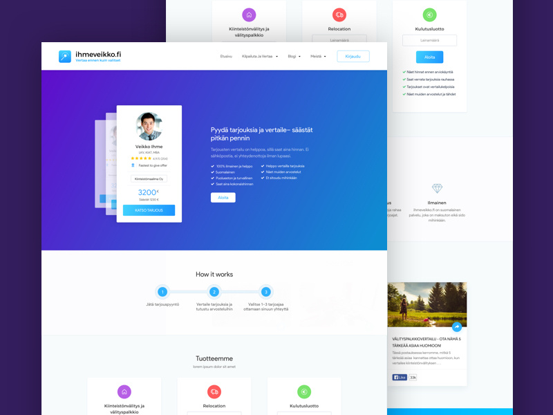 Landing page Ihmeveikko.fi minimal loans buy sales bid ux ui landing page