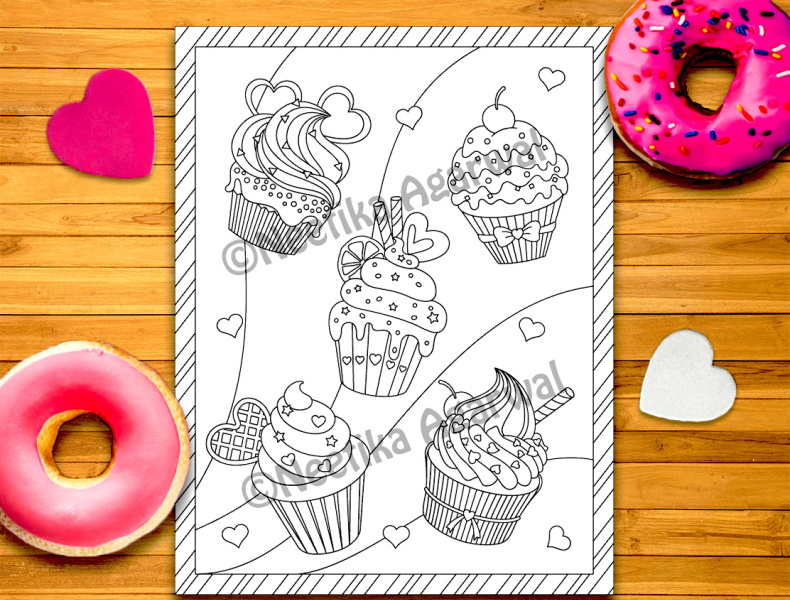 Cupcake Coloring Page adult coloring black coloring coloring book coloring page cupcake design doodle flat illustration muffin valentine vector