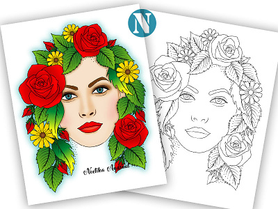 Floral Face book coloring design doodle face floral flower flower portrait girl illustration line work lineart portrait printable sketch vector