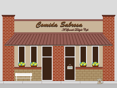 A Cafe, a Bench and a Puppy... bench brick building cafe illustration illustrator pup puppy spanish vector