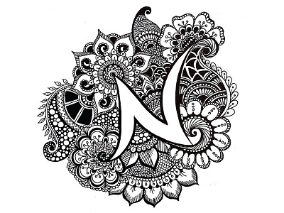 N Zentangle alphabet black doodle floral flowers illustration n sketch vector white zentangle