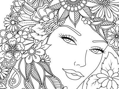 Floral Lady Portrait black coloring doodle face flowers girl lady portrait sketch vector white zentangle