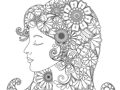 Floral Lady Portrait 2 black coloring doodle face flowers girl lady portrait sketch vector white zentangle