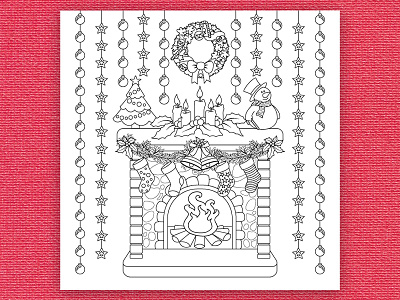 Christmas Mantel adultcoloring black christmas coloring coloringbook doodle festive fire illustration line lineart vector white