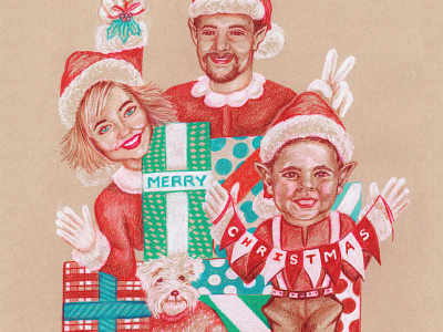 Merry Christmas from the LeBlancs card christmas color pencil elves family handdrawn holiday card prismacolor